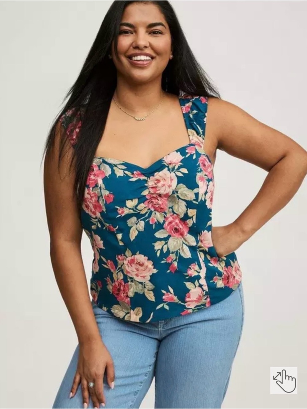 Floral Sweetheart Camisole in Teal with Pink Rose Print